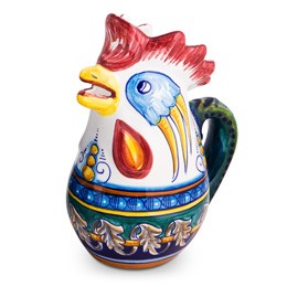 Hand-painted Italian majolica rooster pitcher in Eugenio Ricciarelli's B-40 pattern, made in Deruta — Biordi Art Imports