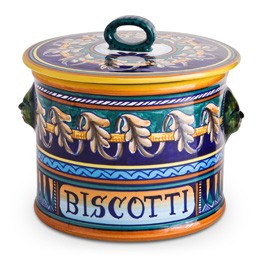Collectible Majolica Cylindrical Biscotti Jar, ceramics, pottery, italian design, majolica, handmade, handcrafted, handpainted, home decor, kitchen art, home goods, deruta, majolica, Artisan, treasures, traditional art, modern art, gift ideas, style, SF, shop small business, artists, shop online, landmark store, legacy, one of a kind, limited edition, gift guide, gift shop, retail shop, decorations, shopping, italy, home staging, home decorating, home interiors
