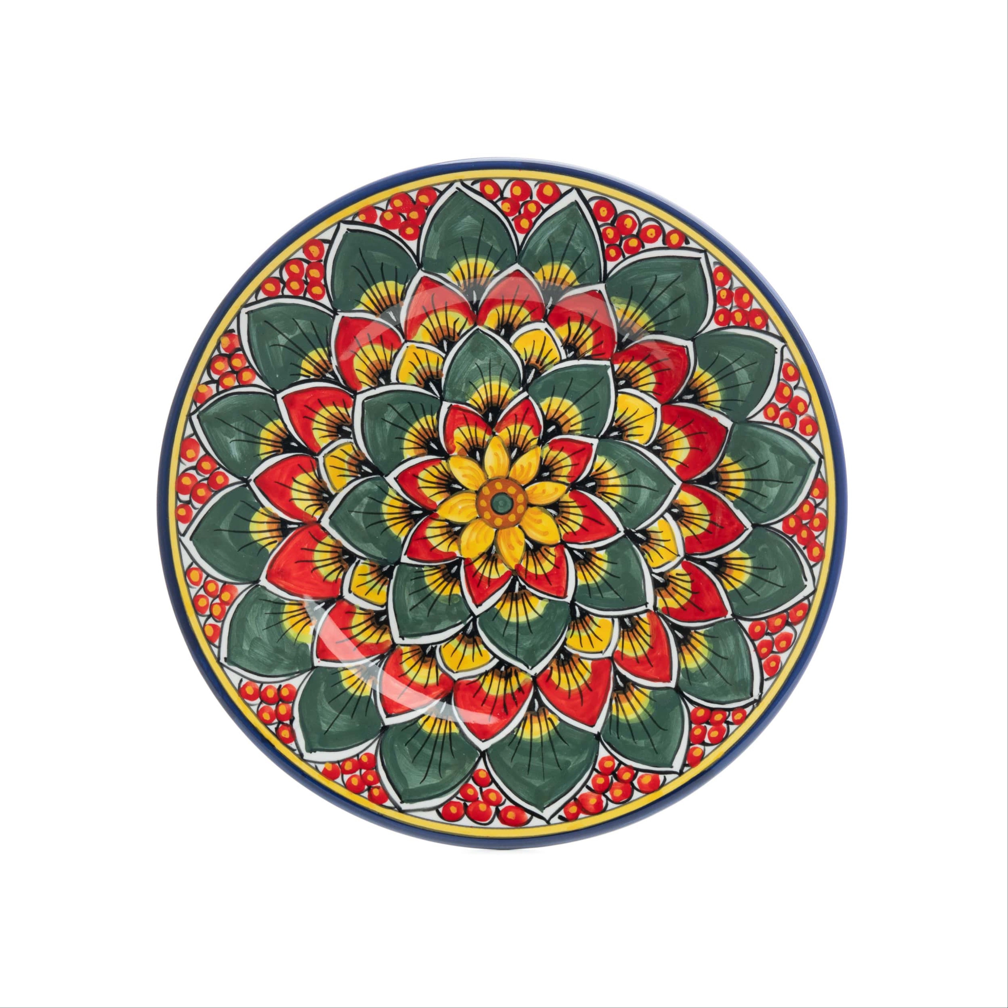 Geribi Peacock Design (PG03): Salad Plate - (Red, Green & Yellow), ceramics, pottery, italian design, majolica, handmade, handcrafted, handpainted, home decor, kitchen art, home goods, deruta, majolica, Artisan, treasures, traditional art, modern art, gift ideas, style, SF, shop small business, artists, shop online, landmark store, legacy, one of a kind, limited edition, gift guide, gift shop, retail shop, decorations, shopping, italy, home staging, home decorating, home interiors