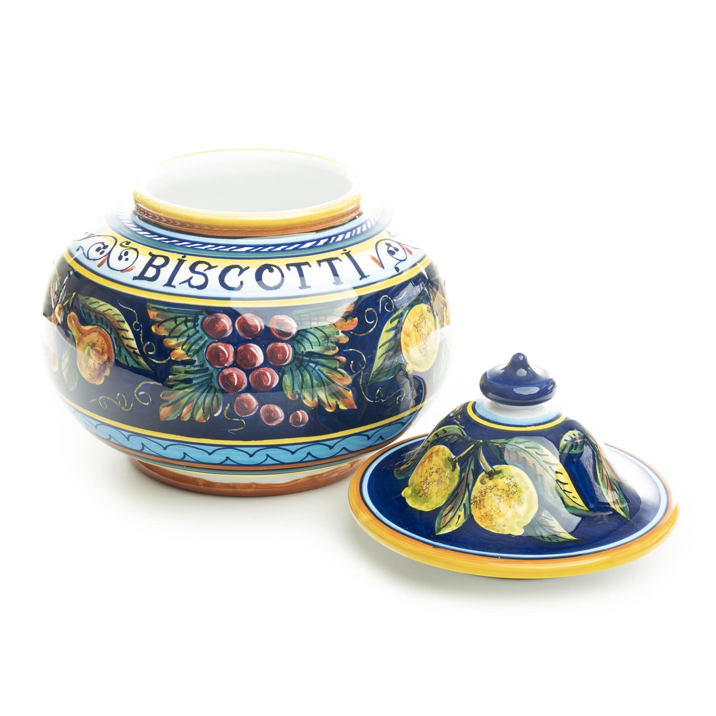 Collectible Majolica Round Biscotti Jar B-57, ceramics, pottery, italian design, majolica, handmade, handcrafted, handpainted, home decor, kitchen art, home goods, deruta, majolica, Artisan, treasures, traditional art, modern art, gift ideas, style, SF, shop small business, artists, shop online, landmark store, legacy, one of a kind, limited edition, gift guide, gift shop, retail shop, decorations, shopping, italy, home staging, home decorating, home interiors