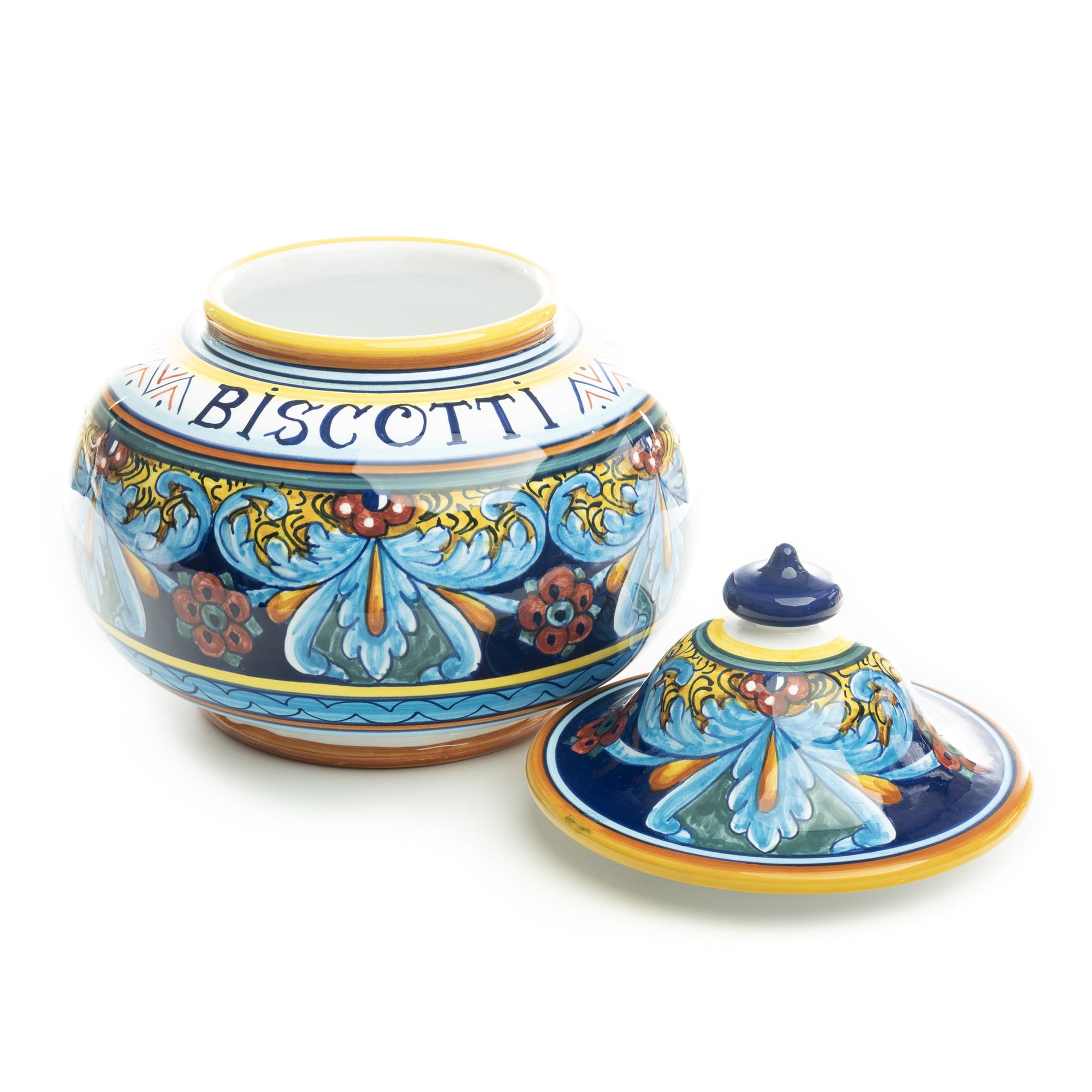 Collectible Majolica Round Biscotti Jar B-64, ceramics, pottery, italian design, majolica, handmade, handcrafted, handpainted, home decor, kitchen art, home goods, deruta, majolica, Artisan, treasures, traditional art, modern art, gift ideas, style, SF, shop small business, artists, shop online, landmark store, legacy, one of a kind, limited edition, gift guide, gift shop, retail shop, decorations, shopping, italy, home staging, home decorating, home interiors