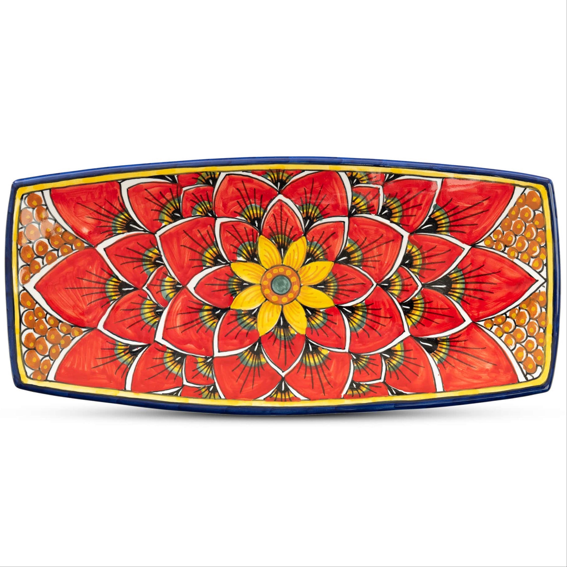 Geribi Rectangular Rounded Tray PG04, Red Peacock Design, ceramics, pottery, italian design, majolica, handmade, handcrafted, handpainted, home decor, kitchen art, home goods, deruta, majolica, Artisan, treasures, traditional art, modern art, gift ideas, style, SF, shop small business, artists, shop online, landmark store, legacy, one of a kind, limited edition, gift guide, gift shop, retail shop, decorations, shopping, italy, home staging, home decorating, home interiors