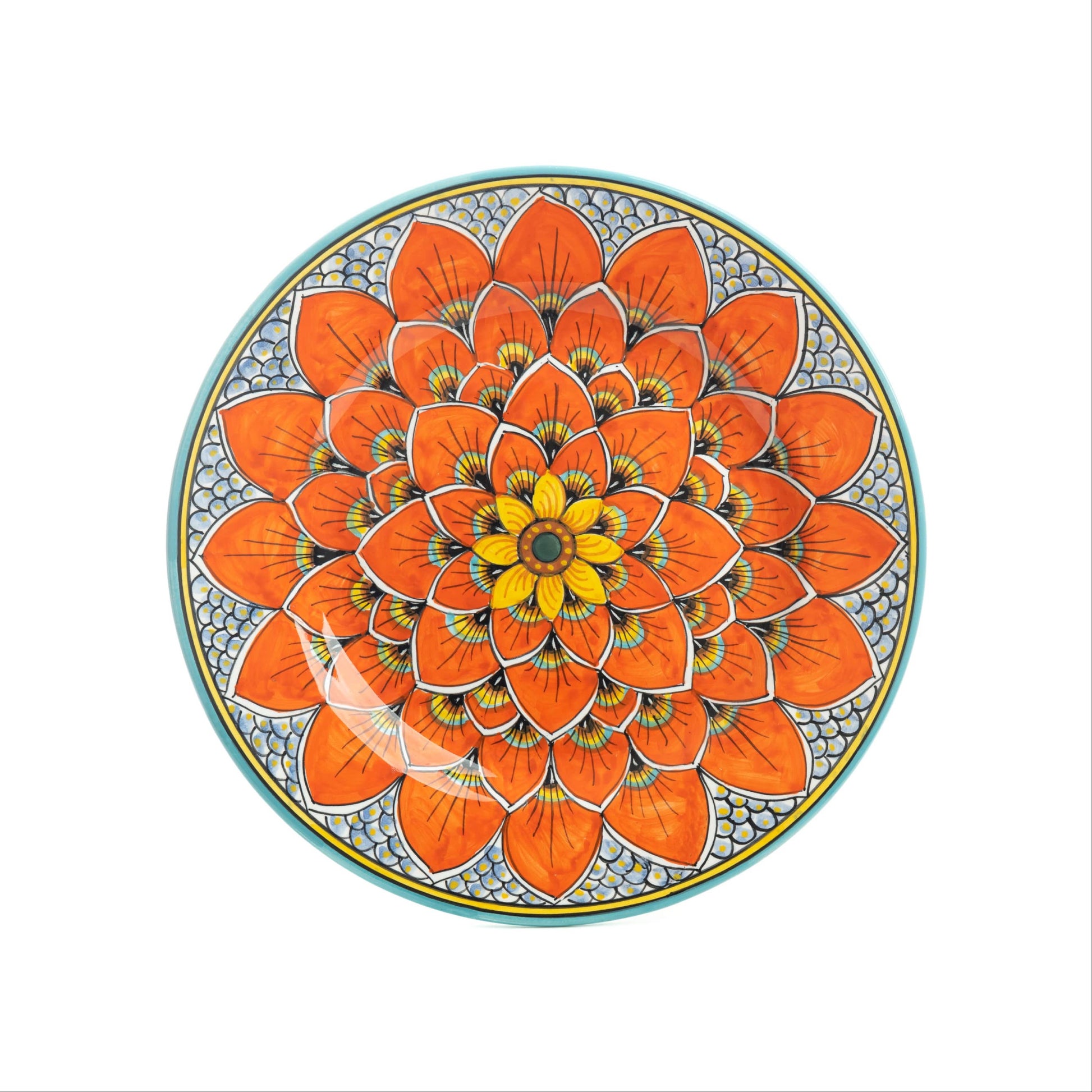 Geribi Salad Plate (PG11) Burnt Orange Peacock Design, ceramics, pottery, italian design, majolica, handmade, handcrafted, handpainted, home decor, kitchen art, home goods, deruta, majolica, Artisan, treasures, traditional art, modern art, gift ideas, style, SF, shop small business, artists, shop online, landmark store, legacy, one of a kind, limited edition, gift guide, gift shop, retail shop, decorations, shopping, italy, home staging, home decorating, home interiors