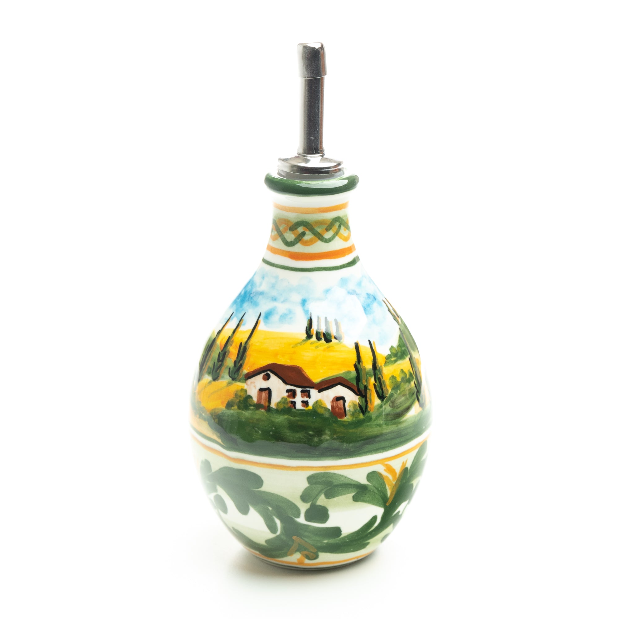 Tuscan Countryside Olive Oil Jar, ceramics, pottery, italian design, majolica, handmade, handcrafted, handpainted, home decor, kitchen art, home goods, deruta, majolica, Artisan, treasures, traditional art, modern art, gift ideas, style, SF, shop small business, artists, shop online, landmark store, legacy, one of a kind, limited edition, gift guide, gift shop, retail shop, decorations, shopping, italy, home staging, home decorating, home interiors