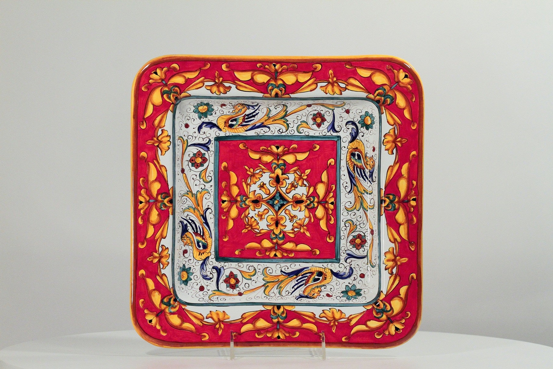 Pia Raffaellesco Vario Rosso Square Tray, ceramics, pottery, italian design, majolica, handmade, handcrafted, handpainted, home decor, kitchen art, home goods, deruta, majolica, Artisan, treasures, traditional art, modern art, gift ideas, style, SF, shop small business, artists, shop online, landmark store, legacy, one of a kind, limited edition, gift guide, gift shop, retail shop, decorations, shopping, italy, home staging, home decorating, home interiors