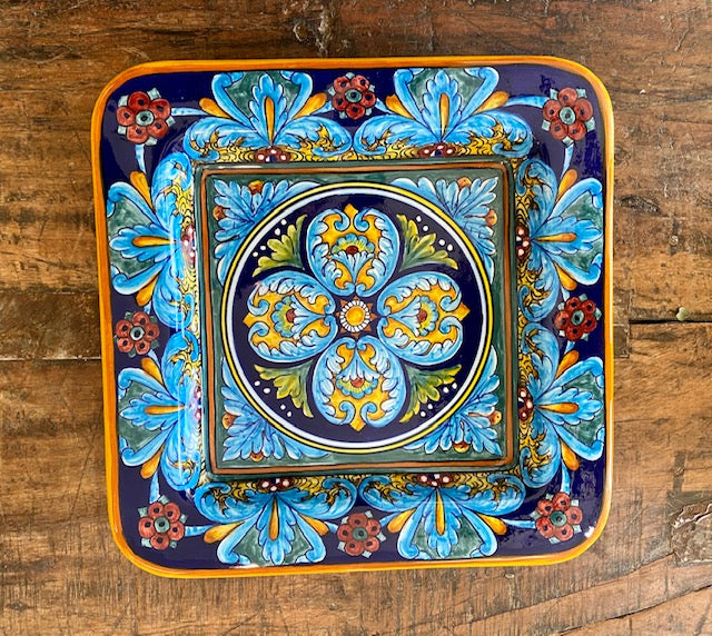 Collectible Majolica Square Plate 2, Gold Trim, ceramics, pottery, italian design, majolica, handmade, handcrafted, handpainted, home decor, kitchen art, home goods, deruta, majolica, Artisan, treasures, traditional art, modern art, gift ideas, style, SF, shop small business, artists, shop online, landmark store, legacy, one of a kind, limited edition, gift guide, gift shop, retail shop, decorations, shopping, italy, home staging, home decorating, home interiors