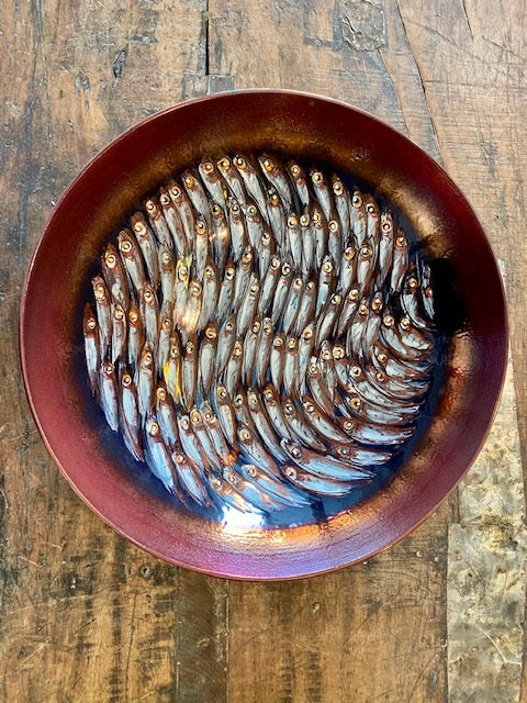 Vignoli 13" Anchovies in Alignment with Copper Ring Centerpiece, Vignoli, ceramics, pottery, italian design, majolica, handmade, handcrafted, handpainted, home decor, kitchen art, home goods, deruta, majolica, Artisan, treasures, traditional art, modern art, gift ideas, style, SF, shop small business, artists, shop online, landmark store, legacy, one of a kind, limited edition, gift guide, gift shop, retail shop, decorations, shopping, italy, home staging, home decorating, home interiors, home decor ideas