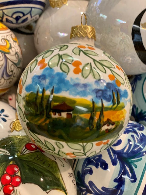 Tuscan Countryside Ornament from Siena, ceramics, pottery, italian design, majolica, handmade, handcrafted, handpainted, home decor, kitchen art, home goods, deruta, majolica, Artisan, treasures, traditional art, modern art, gift ideas, style, SF, shop small business, artists, shop online, landmark store, legacy, one of a kind, limited edition, gift guide, gift shop, retail shop, decorations, shopping, italy, home staging, home decorating, home interiors