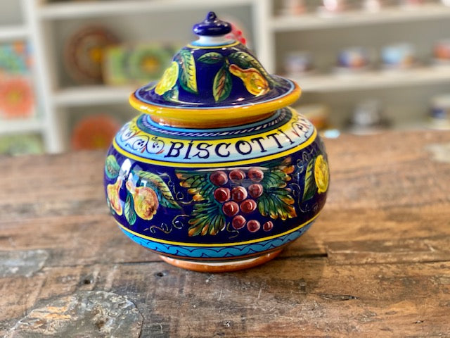 Collectible Majolica Round Biscotti Jar B-57, ceramics, pottery, italian design, majolica, handmade, handcrafted, handpainted, home decor, kitchen art, home goods, deruta, majolica, Artisan, treasures, traditional art, modern art, gift ideas, style, SF, shop small business, artists, shop online, landmark store, legacy, one of a kind, limited edition, gift guide, gift shop, retail shop, decorations, shopping, italy, home staging, home decorating, home interiors