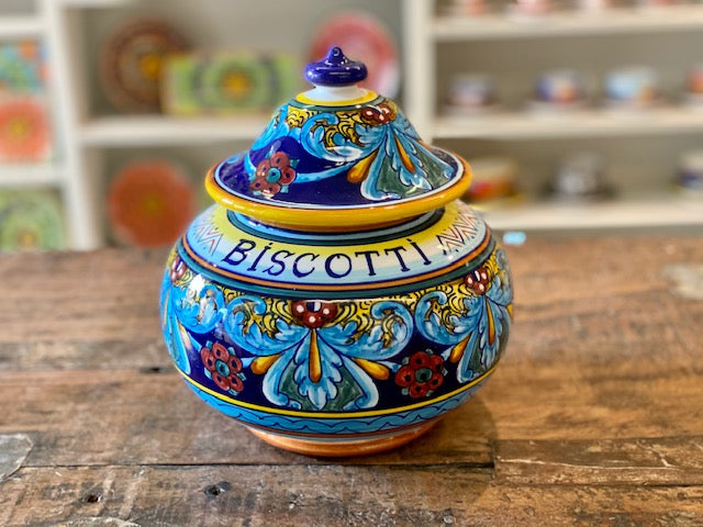 Collectible Majolica Round Biscotti Jar B-64, ceramics, pottery, italian design, majolica, handmade, handcrafted, handpainted, home decor, kitchen art, home goods, deruta, majolica, Artisan, treasures, traditional art, modern art, gift ideas, style, SF, shop small business, artists, shop online, landmark store, legacy, one of a kind, limited edition, gift guide, gift shop, retail shop, decorations, shopping, italy, home staging, home decorating, home interiors