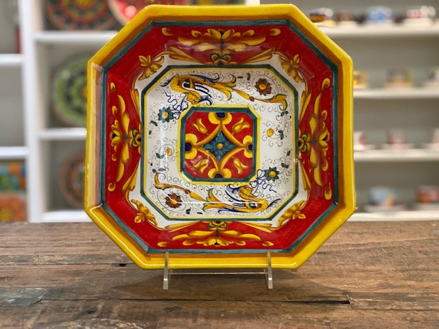 Raffaellesco Vario Rosso Octagonal Square Bowl, ceramics, pottery, italian design, majolica, handmade, handcrafted, handpainted, home decor, kitchen art, home goods, deruta, majolica, Artisan, treasures, traditional art, modern art, gift ideas, style, SF, shop small business, artists, shop online, landmark store, legacy, one of a kind, limited edition, gift guide, gift shop, retail shop, decorations, shopping, italy, home staging, home decorating, home interiors