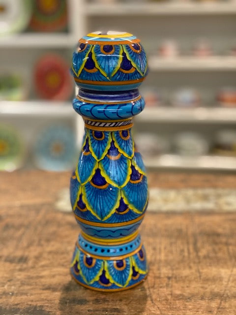 Eugenio - Peacock Pepper Grinder, ceramics, pottery, italian design, majolica, handmade, handcrafted, handpainted, home decor, kitchen art, home goods, deruta, majolica, Artisan, treasures, traditional art, modern art, gift ideas, style, SF, shop small business, artists, shop online, landmark store, legacy, one of a kind, limited edition, gift guide, gift shop, retail shop, decorations, shopping, italy, home staging, home decorating, home interiors