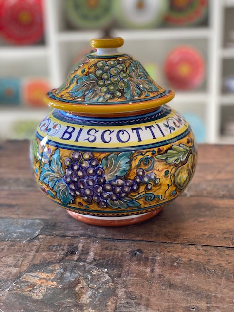 Collectible Majolica Round Biscotti Jar B-66, ceramics, pottery, italian design, majolica, handmade, handcrafted, handpainted, home decor, kitchen art, home goods, deruta, majolica, Artisan, treasures, traditional art, modern art, gift ideas, style, SF, shop small business, artists, shop online, landmark store, legacy, one of a kind, limited edition, gift guide, gift shop, retail shop, decorations, shopping, italy, home staging, home decorating, home interiors