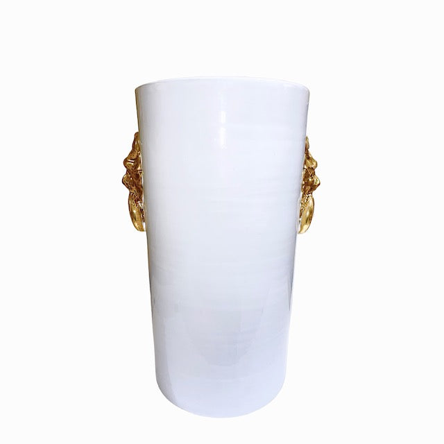 Ceramic White Umbrella Stand with 24 Karat Gold Lion