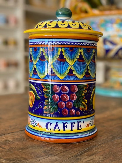 Collectible Majolica Caffe Canister B-57, ceramics, pottery, italian design, majolica, handmade, handcrafted, handpainted, home decor, kitchen art, home goods, deruta, majolica, Artisan, treasures, traditional art, modern art, gift ideas, style, SF, shop small business, artists, shop online, landmark store, legacy, one of a kind, limited edition, gift guide, gift shop, retail shop, decorations, shopping, italy, home staging, home decorating, home interiors