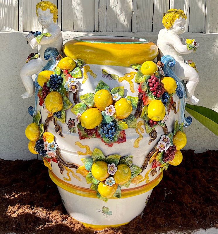 Sculptured Floor Vase with Lemons & Cherubs - Custom Order