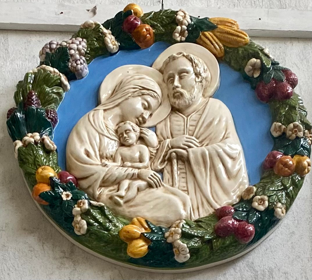 Holy Family Large Della Robbia, ceramics, pottery, italian design, majolica, handmade, handcrafted, handpainted, home decor, kitchen art, home goods, deruta, majolica, Artisan, treasures, traditional art, modern art, gift ideas, style, SF, shop small business, artists, shop online, landmark store, legacy, one of a kind, limited edition, gift guide, gift shop, retail shop, decorations, shopping, italy, home staging, home decorating, home interiors