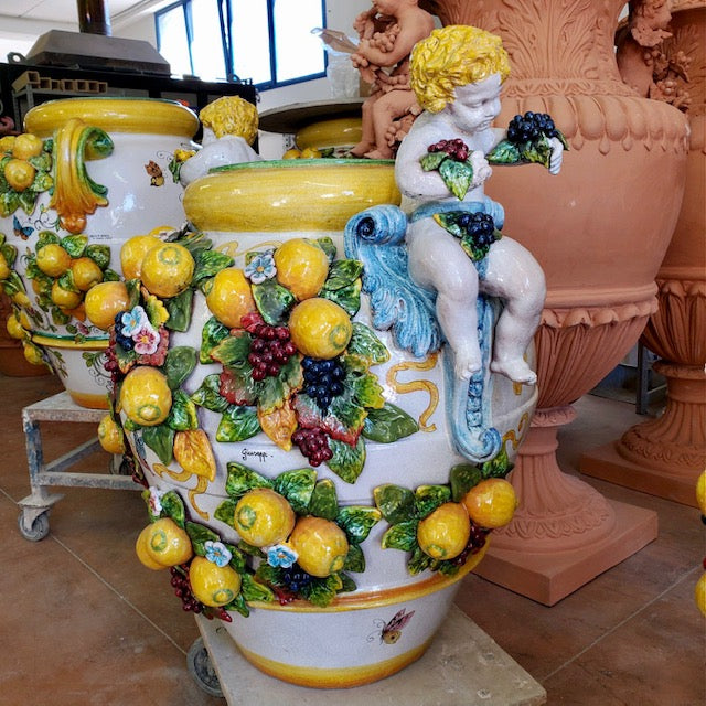 Sculptured Floor Vase with Lemons & Cherubs, ceramics, pottery, italian design, majolica, handmade, handcrafted, handpainted, home decor, kitchen art, home goods, deruta, majolica, Artisan, treasures, traditional art, modern art, gift ideas, style, SF, shop small business, artists, shop online, landmark store, legacy, one of a kind, limited edition, gift guide, gift shop, retail shop, decorations, shopping, italy, home staging, home decorating, home interiors