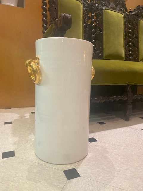 Ceramic White Umbrella Stand with 24 Karat Gold  Rings, ceramics, pottery, italian design, majolica, handmade, handcrafted, handpainted, home decor, kitchen art, home goods, deruta, majolica, Artisan, treasures, traditional art, modern art, gift ideas, style, SF, shop small business, artists, shop online, landmark store, legacy, one of a kind, limited edition, gift guide, gift shop, retail shop, decorations, shopping, italy, home staging, home decorating, home interiors