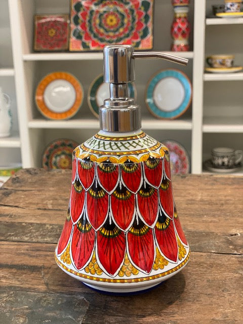 Red Peacock - Soap Dispenser, ceramics, pottery, italian design, majolica, handmade, handcrafted, handpainted, home decor, kitchen art, home goods, deruta, majolica, Artisan, treasures, traditional art, modern art, gift ideas, style, SF, shop small business, artists, shop online, landmark store, legacy, one of a kind, limited edition, gift guide, gift shop, retail shop, decorations, shopping, italy, home staging, home decorating, home interiors