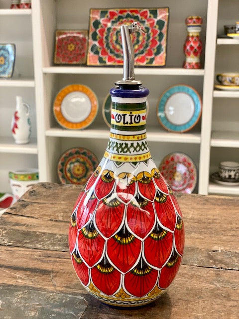 Red Peacock - Olive Oil Bottle, ceramics, pottery, italian design, majolica, handmade, handcrafted, handpainted, home decor, kitchen art, home goods, deruta, majolica, Artisan, treasures, traditional art, modern art, gift ideas, style, SF, shop small business, artists, shop online, landmark store, legacy, one of a kind, limited edition, gift guide, gift shop, retail shop, decorations, shopping, italy, home staging, home decorating, home interiors