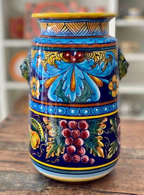 Collectible Majolica Utensil Holder B-57 with Lion Mask, ceramics, pottery, italian design, majolica, handmade, handcrafted, handpainted, home decor, kitchen art, home goods, deruta, majolica, Artisan, treasures, traditional art, modern art, gift ideas, style, SF, shop small business, artists, shop online, landmark store, legacy, one of a kind, limited edition, gift guide, gift shop, retail shop, decorations, shopping, italy, home staging, home decorating, home interiors