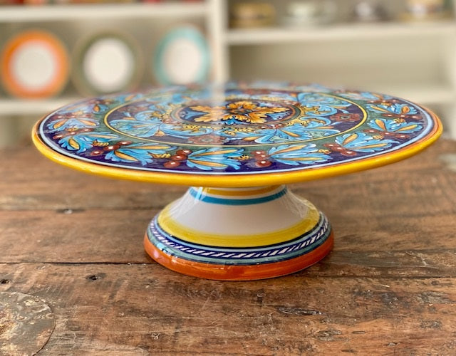Collectible Majolica Cake Plate on Pedestal, B-64, ceramics, pottery, italian design, majolica, handmade, handcrafted, handpainted, home decor, kitchen art, home goods, deruta, majolica, Artisan, treasures, traditional art, modern art, gift ideas, style, SF, shop small business, artists, shop online, landmark store, legacy, one of a kind, limited edition, gift guide, gift shop, retail shop, decorations, shopping, italy, home staging, home decorating, home interiors