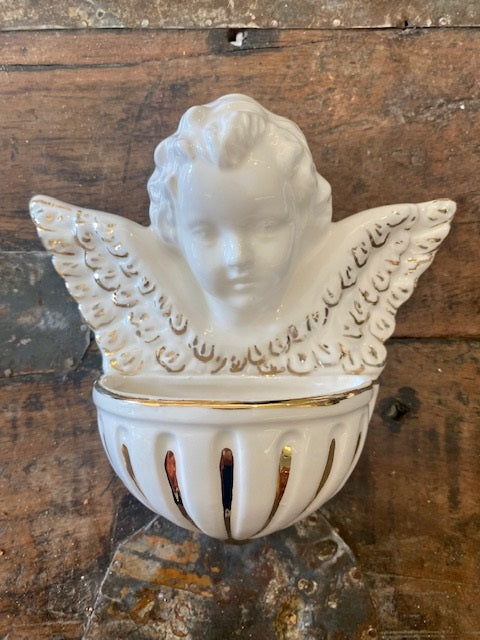 Holy Water Font with Angel Della Robbia with 12 Kt Gold