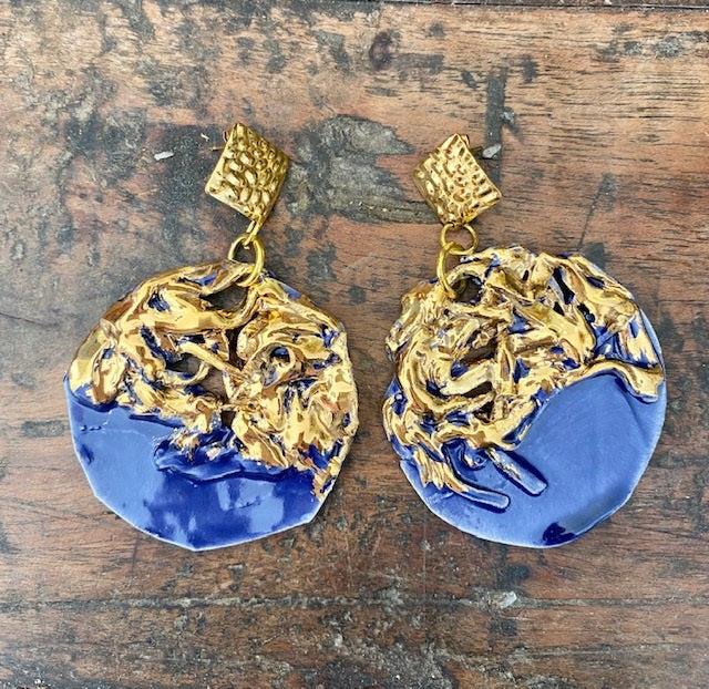 Linea Luxury Round Blue & Pure Gold Earrings, ceramics, pottery, italian design, majolica, handmade, handcrafted, handpainted, home decor, kitchen art, home goods, deruta, majolica, Artisan, treasures, traditional art, modern art, gift ideas, style, SF, shop small business, artists, shop online, landmark store, legacy, one of a kind, limited edition, gift guide, gift shop, retail shop, decorations, shopping, italy, home staging, home decorating, home interiors