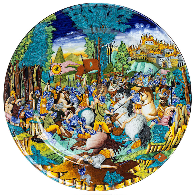 Battle of Troy, City in Flames Wall Plate, ceramics, pottery, italian design, majolica, handmade, handcrafted, handpainted, home decor, kitchen art, home goods, deruta, majolica, Artisan, treasures, traditional art, modern art, gift ideas, style, SF, shop small business, artists, shop online, landmark store, legacy, one of a kind, limited edition, gift guide, gift shop, retail shop, decorations, shopping, italy, home staging, home decorating, home interiors