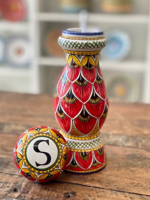 Red Peacock - Salt Grinder, ceramics, pottery, italian design, majolica, handmade, handcrafted, handpainted, home decor, kitchen art, home goods, deruta, majolica, Artisan, treasures, traditional art, modern art, gift ideas, style, SF, shop small business, artists, shop online, landmark store, legacy, one of a kind, limited edition, gift guide, gift shop, retail shop, decorations, shopping, italy, home staging, home decorating, home interiors
