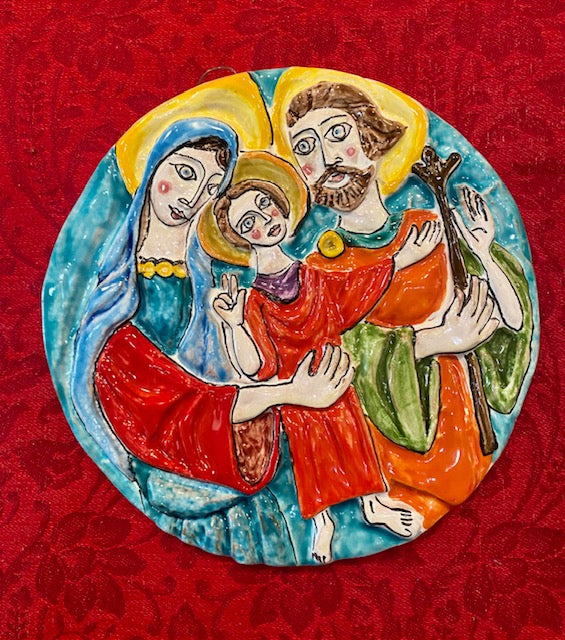 Holy Family Round Plaque, ceramics, pottery, italian design, majolica, handmade, handcrafted, handpainted, home decor, kitchen art, home goods, deruta, majolica, Artisan, treasures, traditional art, modern art, gift ideas, style, SF, shop small business, artists, shop online, landmark store, legacy, one of a kind, limited edition, gift guide, gift shop, retail shop, decorations, shopping, italy, home staging, home decorating, home interiors