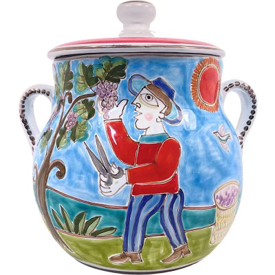 Grape Picker Biscotti Jar by De Simone, ceramics, pottery, italian design, majolica, handmade, handcrafted, handpainted, home decor, kitchen art, home goods, deruta, majolica, Artisan, treasures, traditional art, modern art, gift ideas, style, SF, shop small business, artists, shop online, landmark store, legacy, one of a kind, limited edition, gift guide, gift shop, retail shop, decorations, shopping, italy, home staging, home decorating, home interiors