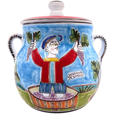 Grape Picker Biscotti Jar by De Simone, ceramics, pottery, italian design, majolica, handmade, handcrafted, handpainted, home decor, kitchen art, home goods, deruta, majolica, Artisan, treasures, traditional art, modern art, gift ideas, style, SF, shop small business, artists, shop online, landmark store, legacy, one of a kind, limited edition, gift guide, gift shop, retail shop, decorations, shopping, italy, home staging, home decorating, home interiors