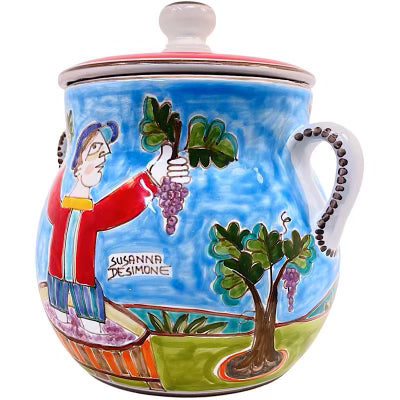 Grape Picker Biscotti Jar by De Simone, ceramics, pottery, italian design, majolica, handmade, handcrafted, handpainted, home decor, kitchen art, home goods, deruta, majolica, Artisan, treasures, traditional art, modern art, gift ideas, style, SF, shop small business, artists, shop online, landmark store, legacy, one of a kind, limited edition, gift guide, gift shop, retail shop, decorations, shopping, italy, home staging, home decorating, home interiors