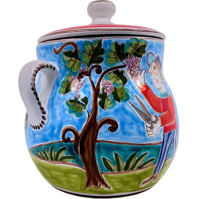 Grape Picker Biscotti Jar by De Simone, ceramics, pottery, italian design, majolica, handmade, handcrafted, handpainted, home decor, kitchen art, home goods, deruta, majolica, Artisan, treasures, traditional art, modern art, gift ideas, style, SF, shop small business, artists, shop online, landmark store, legacy, one of a kind, limited edition, gift guide, gift shop, retail shop, decorations, shopping, italy, home staging, home decorating, home interiors