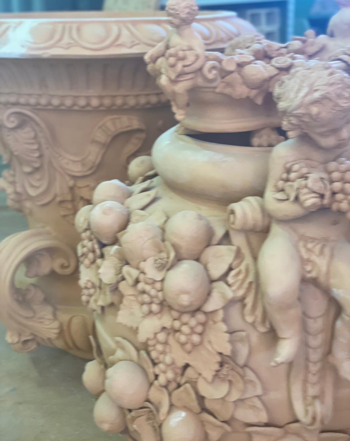 Sculptured Floor Vase with Lemons & Cherubs, ceramics, pottery, italian design, majolica, handmade, handcrafted, handpainted, home decor, kitchen art, home goods, deruta, majolica, Artisan, treasures, traditional art, modern art, gift ideas, style, SF, shop small business, artists, shop online, landmark store, legacy, one of a kind, limited edition, gift guide, gift shop, retail shop, decorations, shopping, italy, home staging, home decorating, home interiors