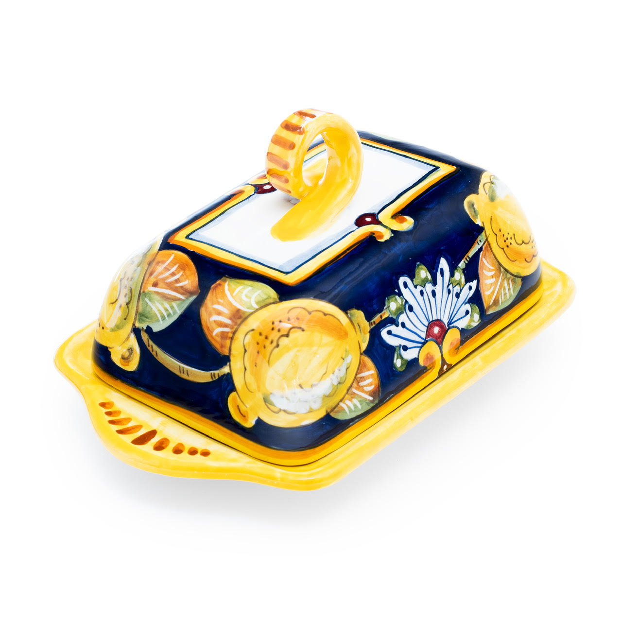 Lemon Design Butter Dish, ceramics, pottery, italian design, majolica, handmade, handcrafted, handpainted, home decor, kitchen art, home goods, deruta, majolica, Artisan, treasures, traditional art, modern art, gift ideas, style, SF, shop small business, artists, shop online, landmark store, legacy, one of a kind, limited edition, gift guide, gift shop, retail shop, decorations, shopping, italy, home staging, home decorating, home interiors