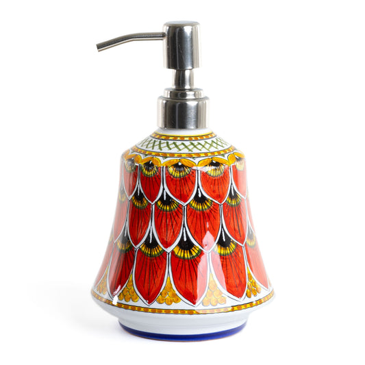 Red Peacock - Soap Dispenser, ceramics, pottery, italian design, majolica, handmade, handcrafted, handpainted, home decor, kitchen art, home goods, deruta, majolica, Artisan, treasures, traditional art, modern art, gift ideas, style, SF, shop small business, artists, shop online, landmark store, legacy, one of a kind, limited edition, gift guide, gift shop, retail shop, decorations, shopping, italy, home staging, home decorating, home interiors