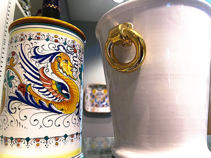 Champagne Bucket with 24 Karat Gold Rings, ceramics, pottery, italian design, majolica, handmade, handcrafted, handpainted, home decor, kitchen art, home goods, deruta, majolica, Artisan, treasures, traditional art, modern art, gift ideas, style, SF, shop small business, artists, shop online, landmark store, legacy, one of a kind, limited edition, gift guide, gift shop, retail shop, decorations, shopping, italy, home staging, home decorating, home interiors