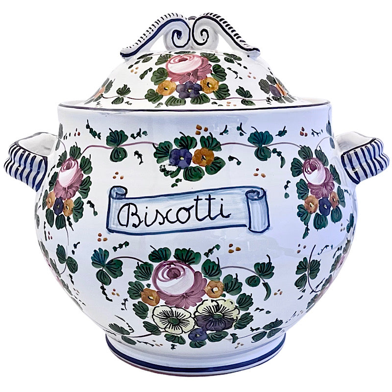 Rosa Biscotti Jar, ceramics, pottery, italian design, majolica, handmade, handcrafted, handpainted, home decor, kitchen art, home goods, deruta, majolica, Artisan, treasures, traditional art, modern art, gift ideas, style, SF, shop small business, artists, shop online, landmark store, legacy, one of a kind, limited edition, gift guide, gift shop, retail shop, decorations, shopping, italy, home staging, home decorating, home interiors