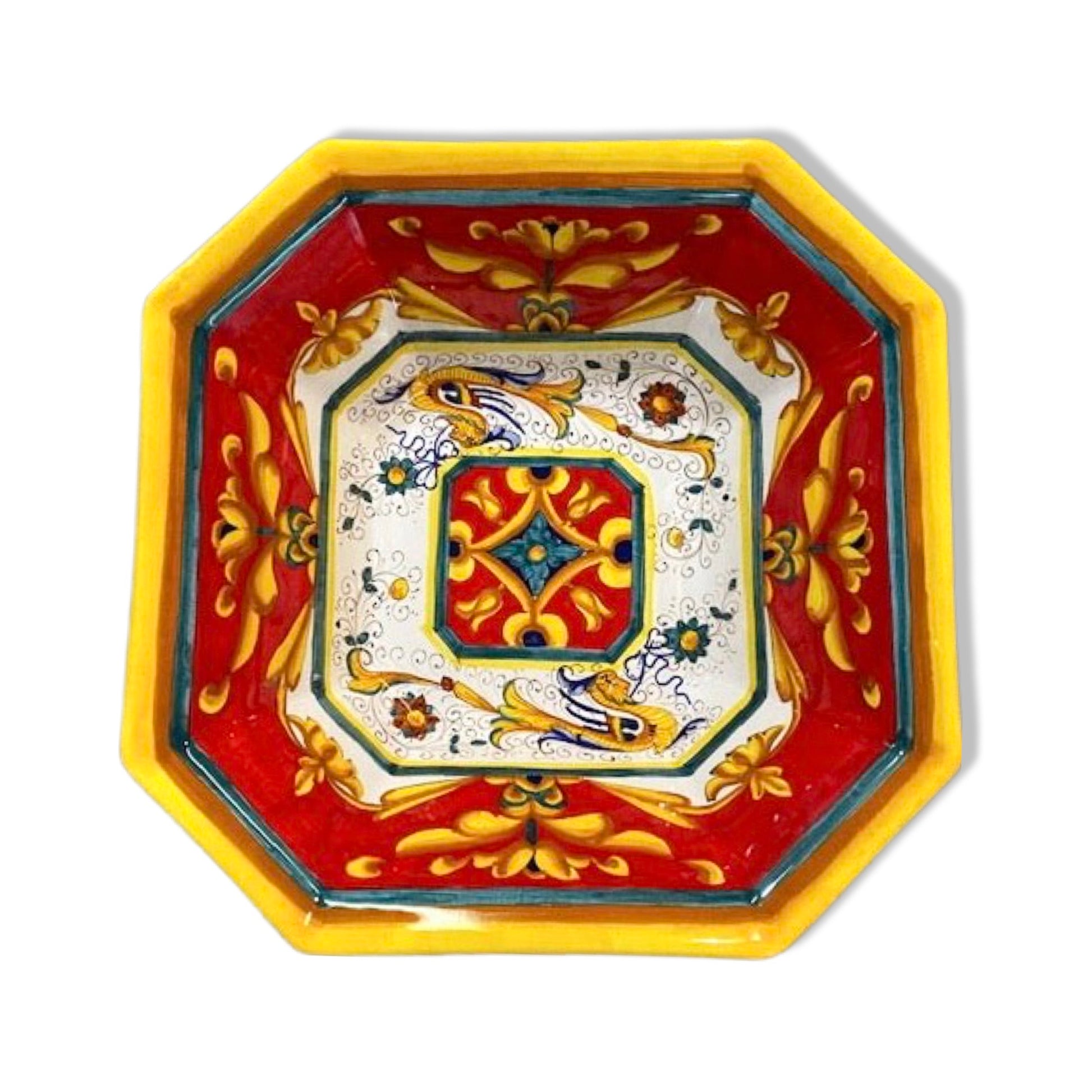 Raffaellesco Vario Rosso Octagonal Square Bowl, ceramics, pottery, italian design, majolica, handmade, handcrafted, handpainted, home decor, kitchen art, home goods, deruta, majolica, Artisan, treasures, traditional art, modern art, gift ideas, style, SF, shop small business, artists, shop online, landmark store, legacy, one of a kind, limited edition, gift guide, gift shop, retail shop, decorations, shopping, italy, home staging, home decorating, home interiors