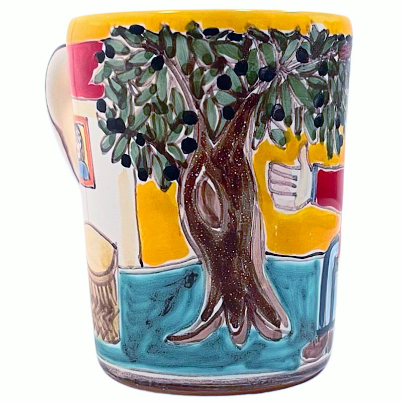 Olive Tree Mug, ceramics, pottery, italian design, majolica, handmade, handcrafted, handpainted, home decor, kitchen art, home goods, deruta, majolica, Artisan, treasures, traditional art, modern art, gift ideas, style, SF, shop small business, artists, shop online, landmark store, legacy, one of a kind, limited edition, gift guide, gift shop, retail shop, decorations, shopping, italy, home staging, home decorating, home interiors