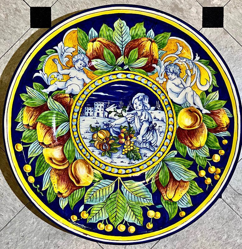 Florentine Wall Plate Apples & Cherubs, IMA production, ceramics, pottery, italian design, majolica, handmade, handcrafted, handpainted, home decor, kitchen art, home goods, deruta, majolica, Artisan, treasures, traditional art, modern art, gift ideas, style, SF, shop small business, artists, shop online, landmark store, legacy, one of a kind, limited edition, gift guide, gift shop, retail shop, decorations, shopping, italy, home staging, home decorating, home interiors