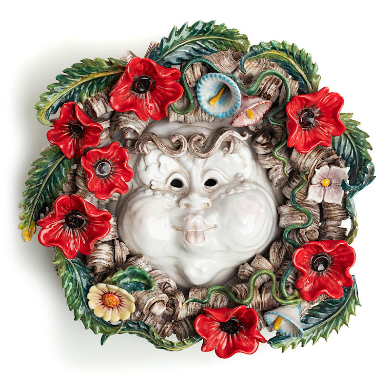 Bacchus Mask with Poppies, Apolito, ceramics, pottery, italian design, majolica, handmade, handcrafted, handpainted, home decor, kitchen art, home goods, deruta, majolica, Artisan, treasures, traditional art, modern art, gift ideas, style, SF, shop small business, artists, shop online, landmark store, legacy, one of a kind, limited edition, gift guide, gift shop, retail shop, decorations, shopping, italy, home staging, home decorating, home interiors, home decor ideas