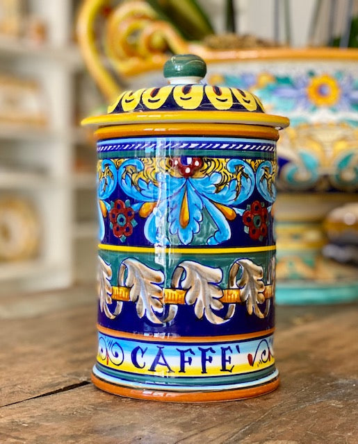 Collectible Majolica Caffe Canister B-40, ceramics, pottery, italian design, majolica, handmade, handcrafted, handpainted, home decor, kitchen art, home goods, deruta, majolica, Artisan, treasures, traditional art, modern art, gift ideas, style, SF, shop small business, artists, shop online, landmark store, legacy, one of a kind, limited edition, gift guide, gift shop, retail shop, decorations, shopping, italy, home staging, home decorating, home interiors