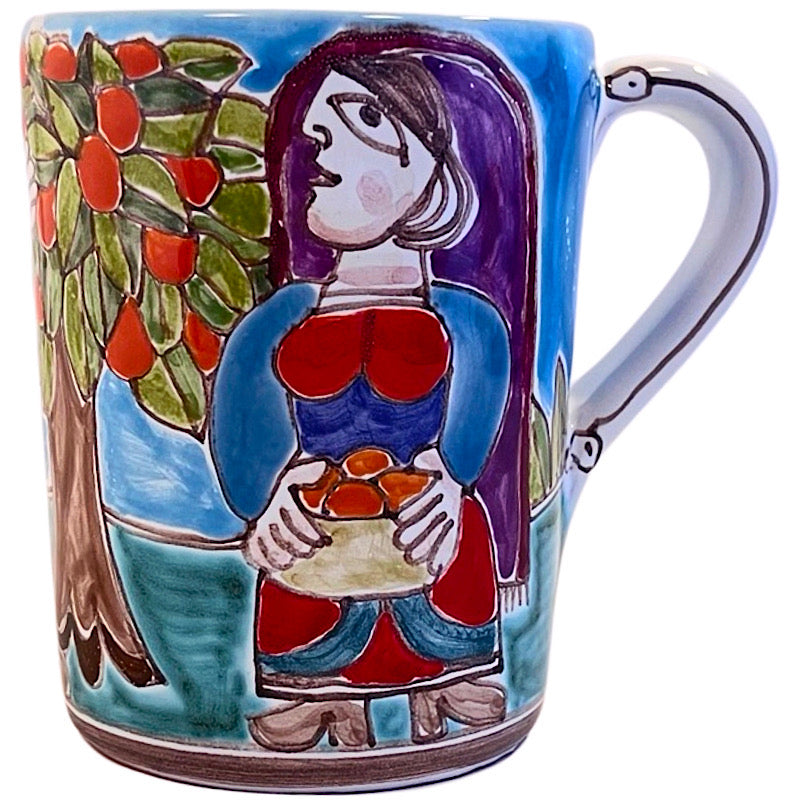 Orange Picker Mug, ceramics, pottery, italian design, majolica, handmade, handcrafted, handpainted, home decor, kitchen art, home goods, deruta, majolica, Artisan, treasures, traditional art, modern art, gift ideas, style, SF, shop small business, artists, shop online, landmark store, legacy, one of a kind, limited edition, gift guide, gift shop, retail shop, decorations, shopping, italy, home staging, home decorating, home interiors