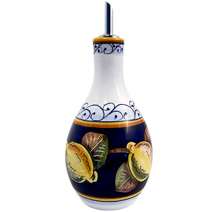 Lemon Navy Oil Bottle, ceramics, pottery, italian design, majolica, handmade, handcrafted, handpainted, home decor, kitchen art, home goods, deruta, majolica, Artisan, treasures, traditional art, modern art, gift ideas, style, SF, shop small business, artists, shop online, landmark store, legacy, one of a kind, limited edition, gift guide, gift shop, retail shop, decorations, shopping, italy, home staging, home decorating, home interiors